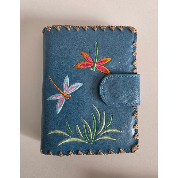 Lavishy Vegan Leather Wallet Blue Embroidered Dragonflies Bifold Snap - Picture 1 of 8